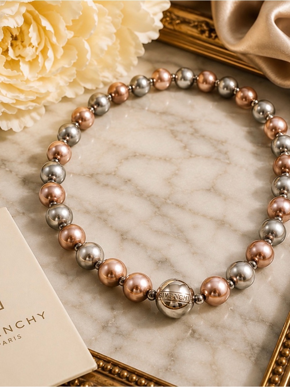 Givenchy Rose Gold & Silver Pearl Bead Necklace